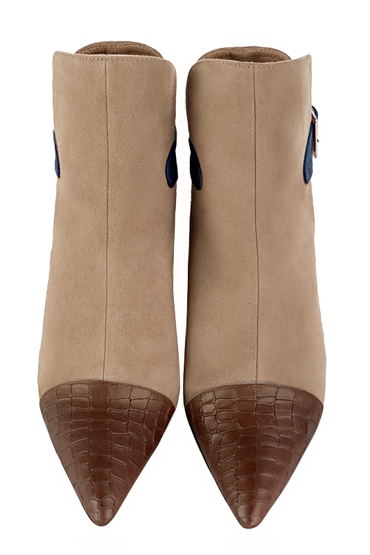 Caramel brown, tan beige and denim blue women's ankle boots with buckles at the back. Tapered toe. High slim heel. Top view - Florence KOOIJMAN